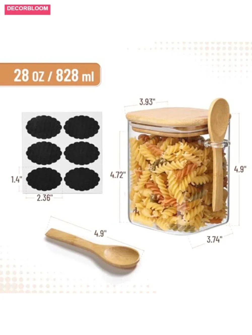 Glass Jars with Bamboo Lids and Spoons Set - 28 Oz, Airtight Food Storage